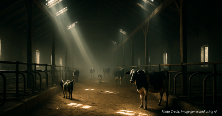 Nearly empty dairy barn with few heifers inside