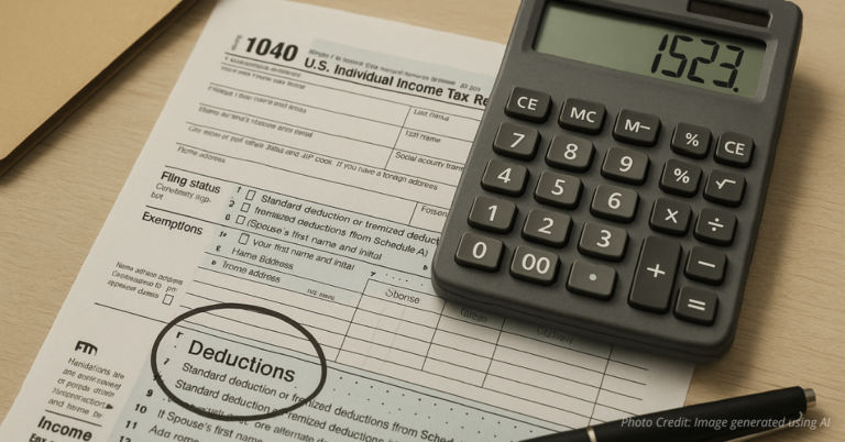Tax form with ‘Deductions’ circled beside a calculator