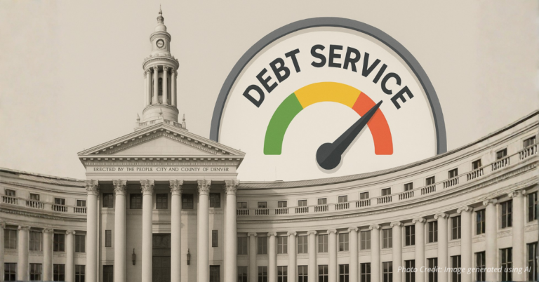 Civic building with a debt gauge nearing red to signal budget strain