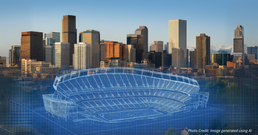 Denver skyline with stadium blueprint overlay showing future planning