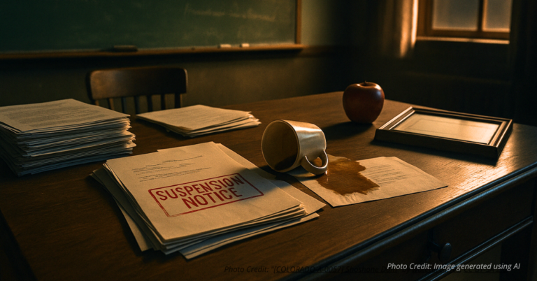 Teacher’s desk with suspension notice stamped in red ink.