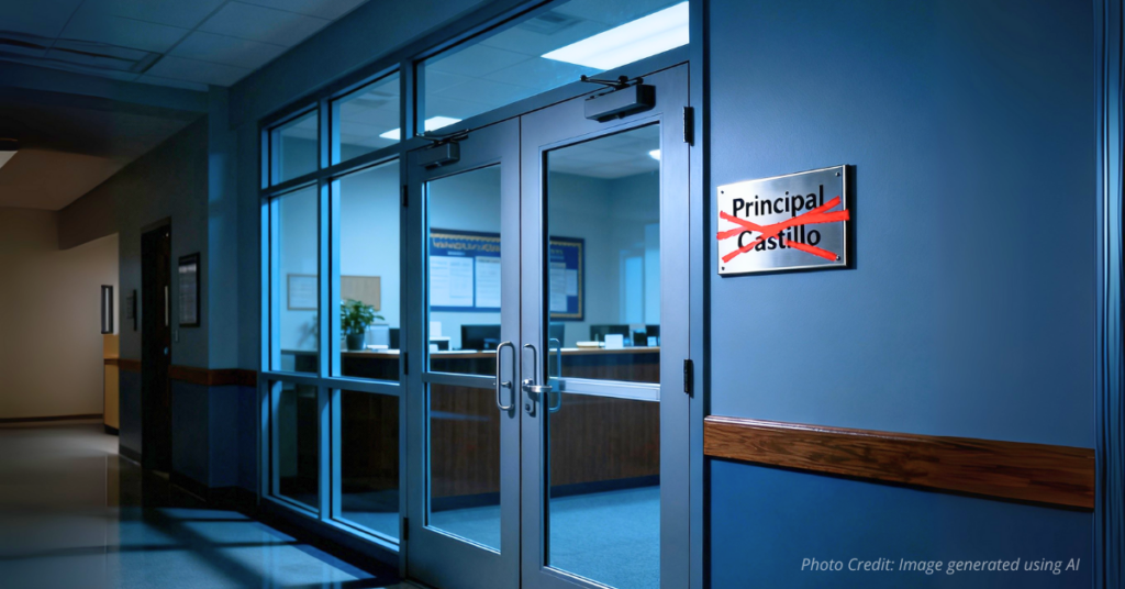 Closed school doors with blurred principal sign