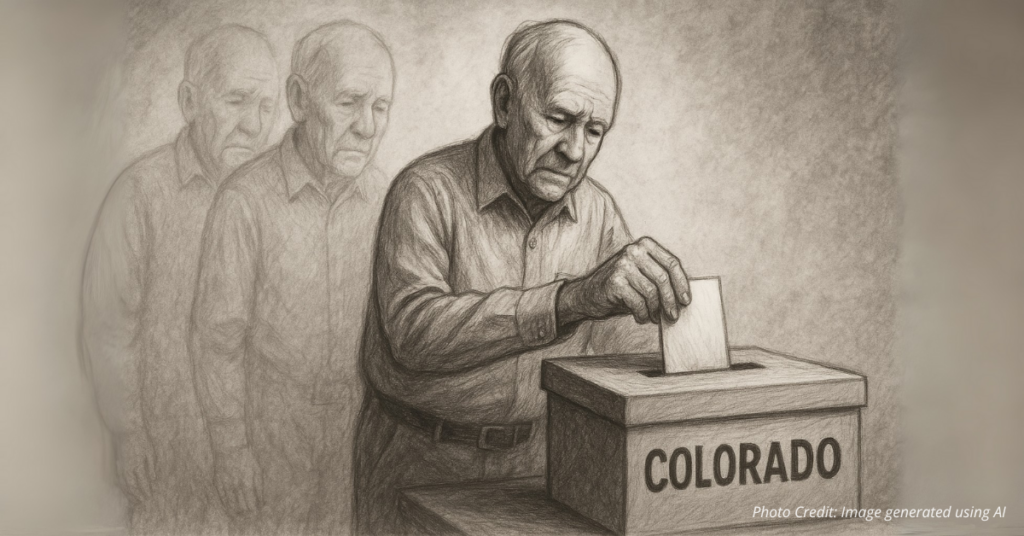 Elderly man with ghostly duplicates casting Colorado ballot