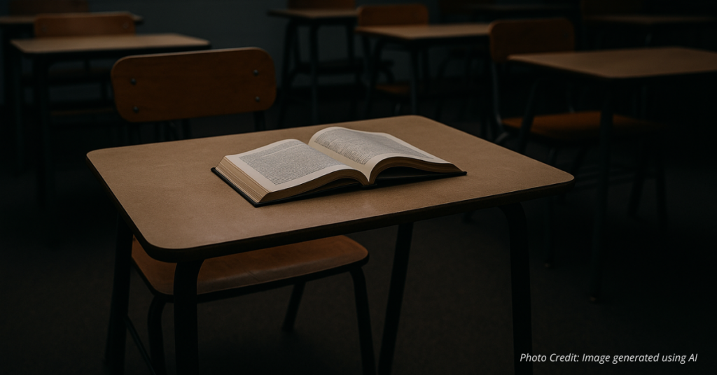 Empty desk with open book symbolizing lost learning