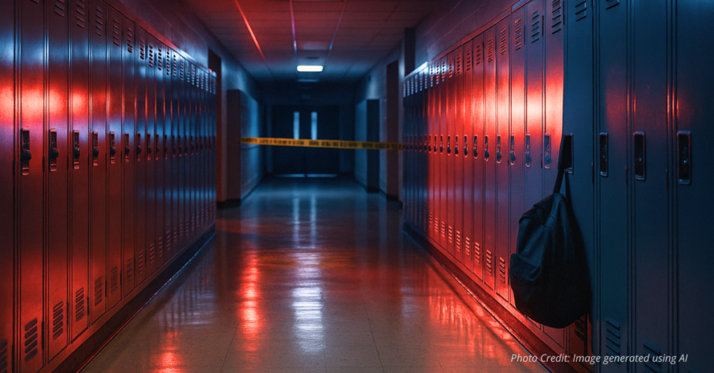 Police lights reflecting on school lockers