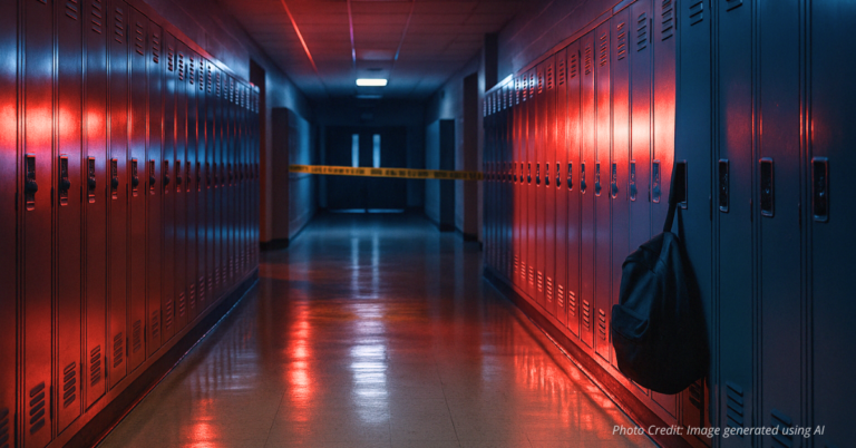 Police lights reflecting on school lockers