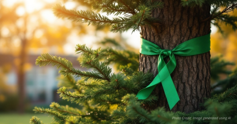 Green ribbon tied around evergreen tree symbolizing community strength