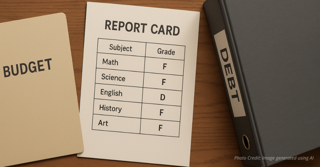 Report card with low grades beside thin Budget folder and thick Debt binder