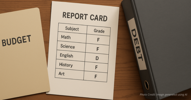 Report card with low grades beside thin Budget folder and thick Debt binder