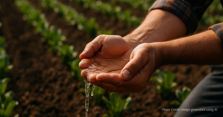 Farmer’s hands holding water over crops symbolizing agricultural water use