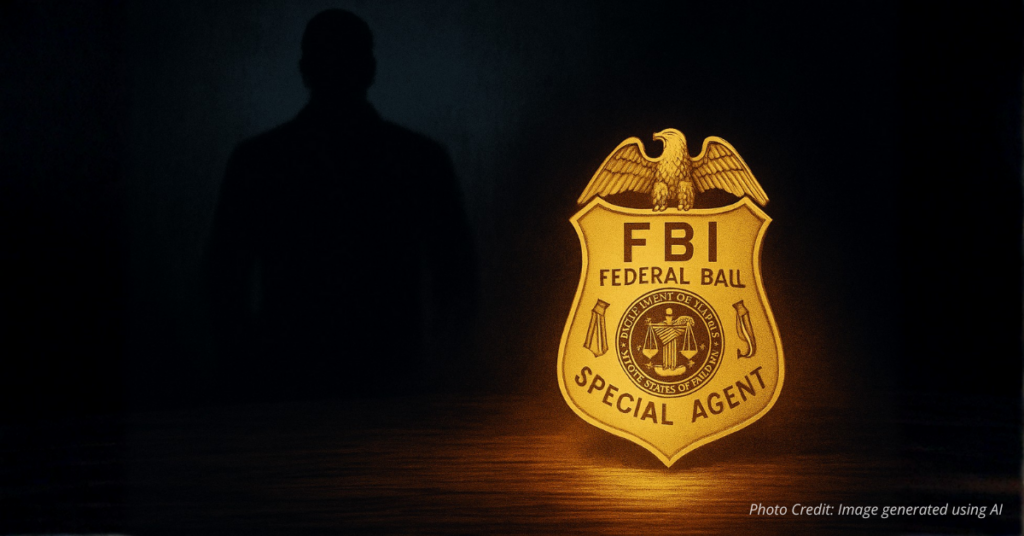 Dark figure behind FBI badge symbolizing deception and betrayal