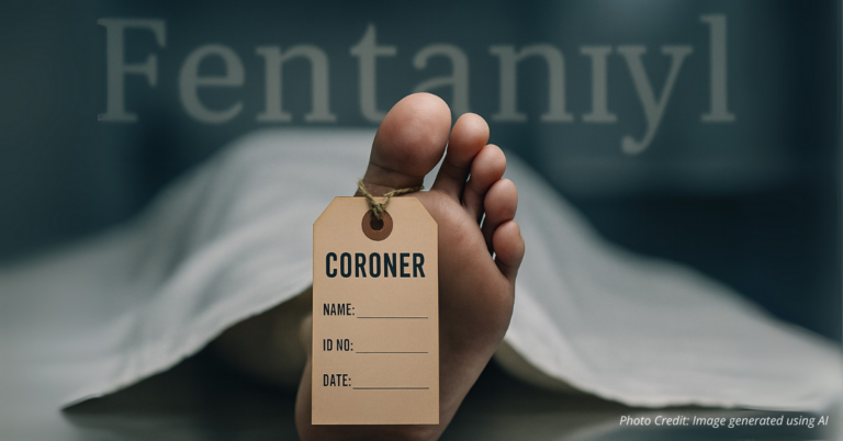 Coroner toe tag symbolizing fentanyl-related deaths