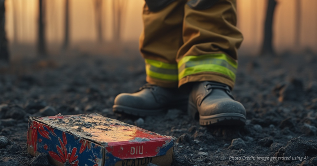 Fireworks in dry grass with wildfire flames in background