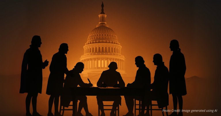 Founding Fathers signing Constitution with Capitol dome backdrop