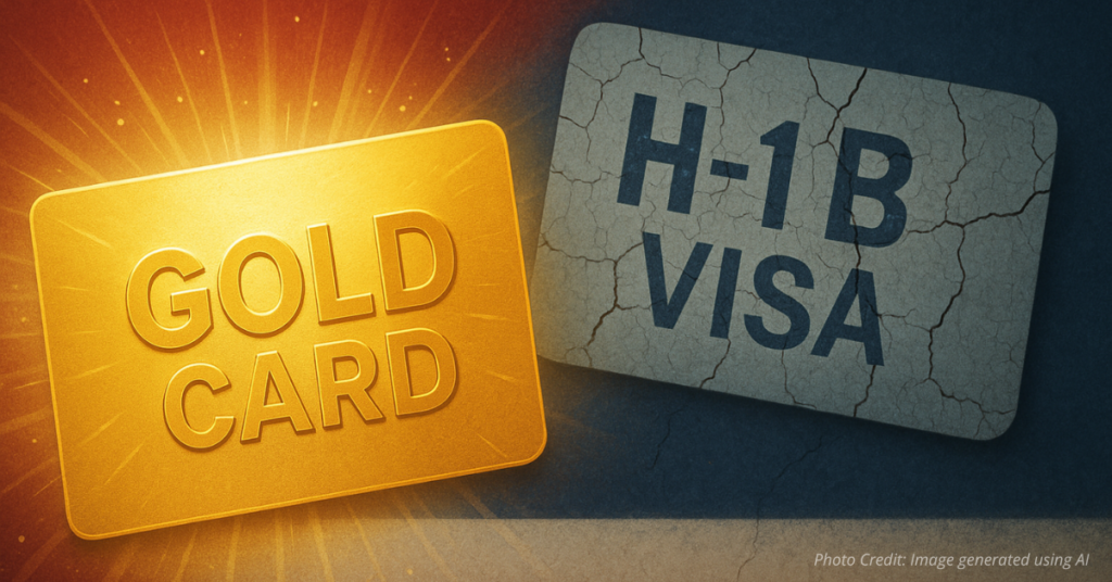 Gold Card shines while H-1B visa crumbles in the background