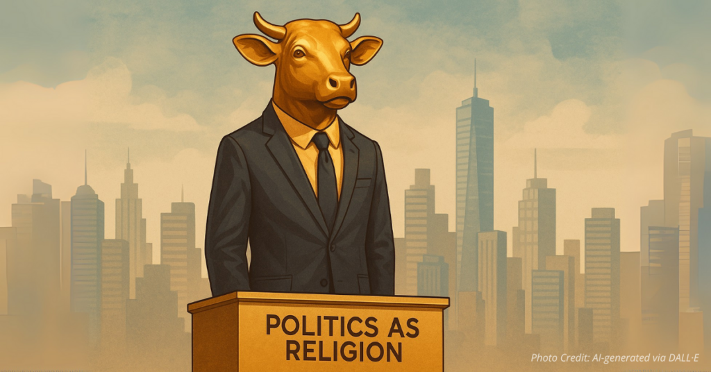 Golden calf in business suit symbolizing political idolatry