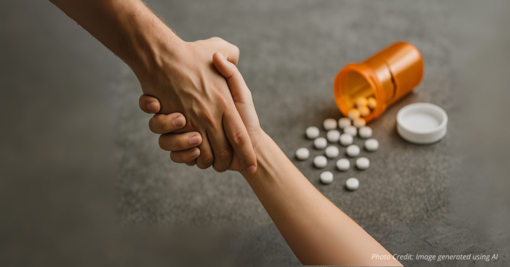 Helping hands and broken pill bottle symbolize opioid recovery hope