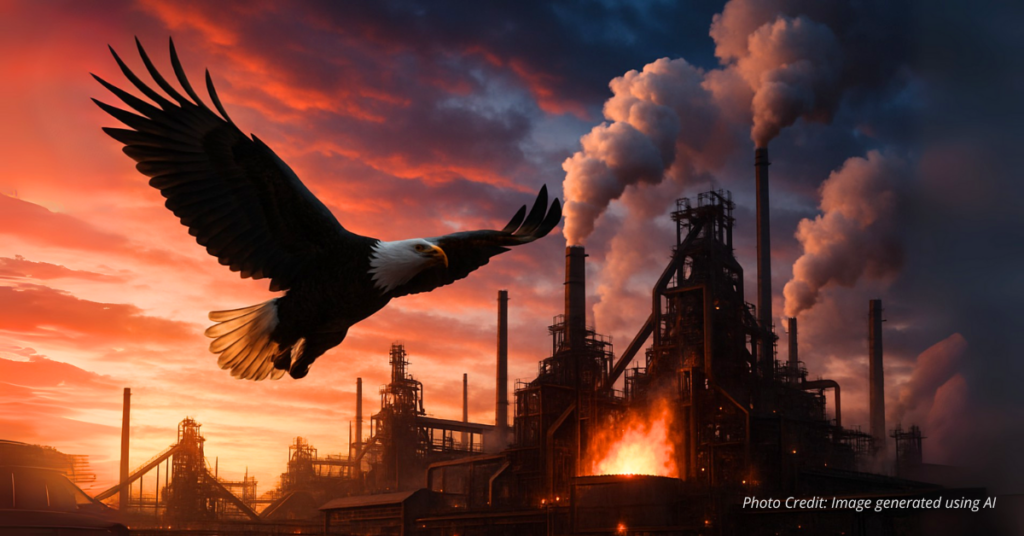 Bald eagle flying over steel factory at sunset with American colors in sky