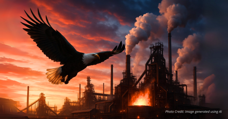 Bald eagle flying over steel factory at sunset with American colors in sky