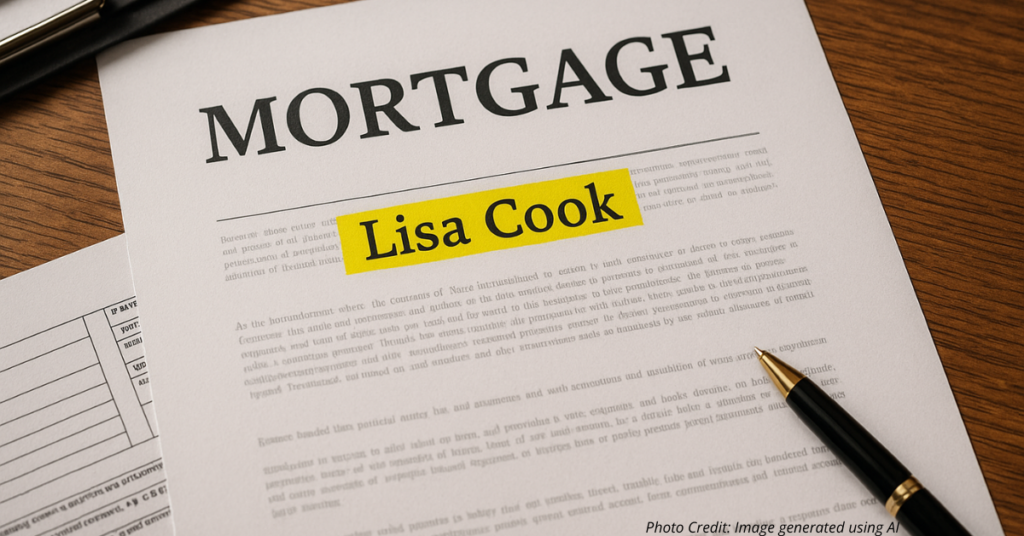 Mortgage papers showing Lisa Cook’s name highlighted, symbolizing scrutiny