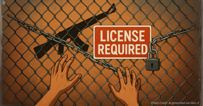 Hands reaching for locked firearm behind gate with license sign