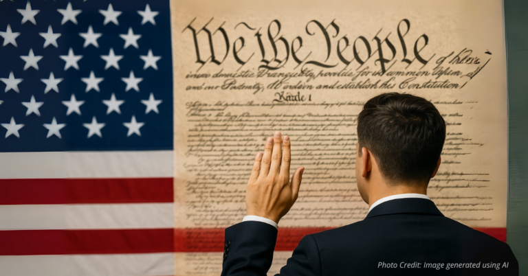 New citizen taking oath with Constitution and flag in background