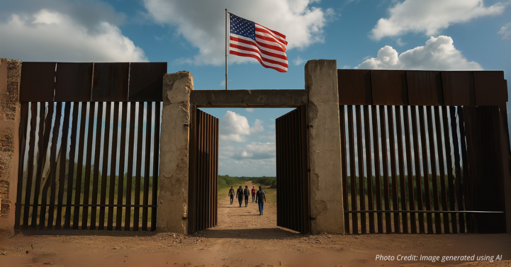 Open border wall with wide gate showing failed enforcement