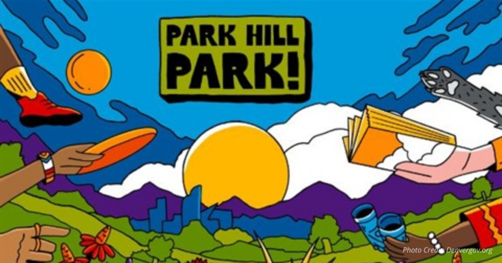Illustration promoting Park Hill Park with mountains, sun, and community activities