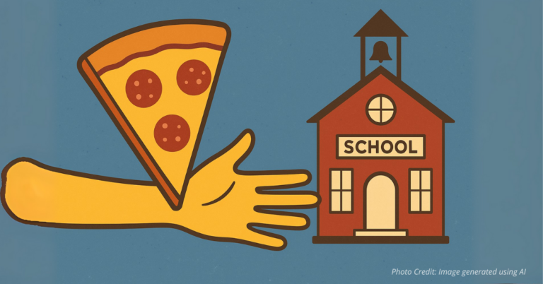 Pizza slice shaped like hand reaching to help school