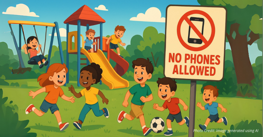 Playground full of kids playing without phones
