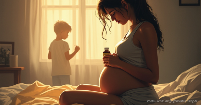 Pregnant woman holding Tylenol with child silhouette behind her