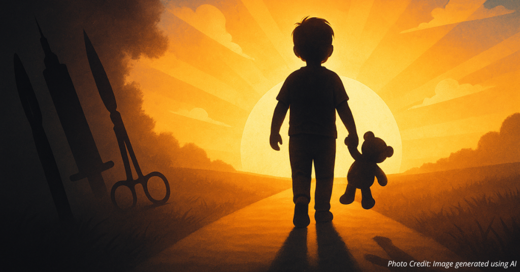 Child walking toward sunrise leaving surgical tools behind