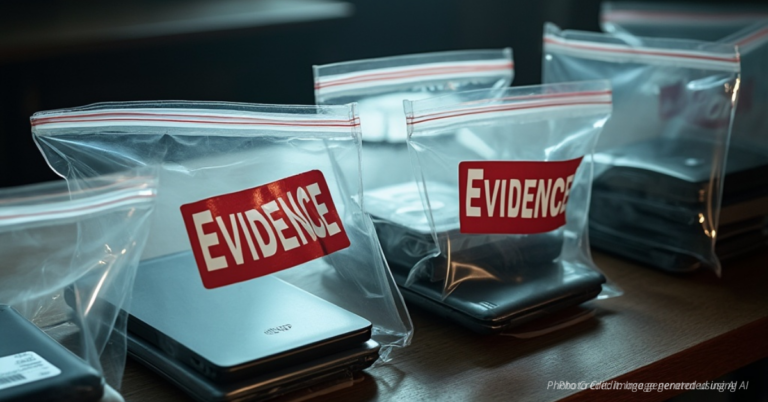 Police evidence bags with electronics seized in Pueblo child exploitation case