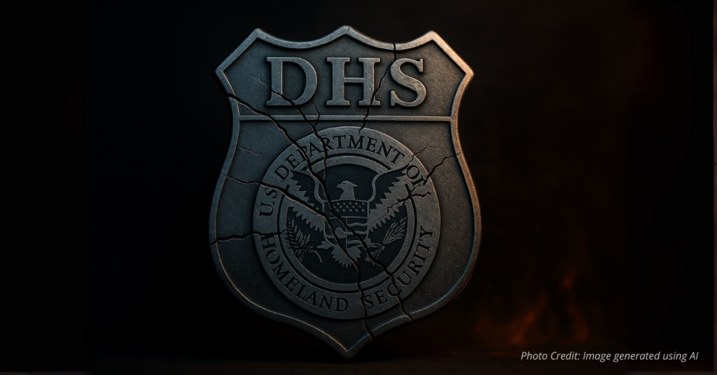 Cracked DHS shield symbolizing attacks on law enforcement