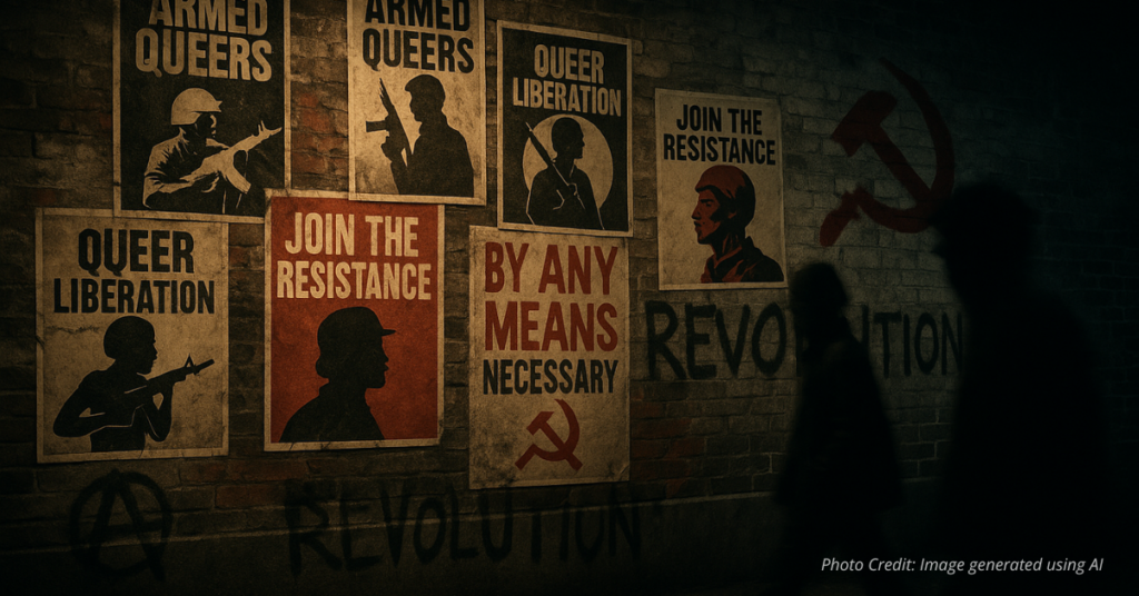 Radical posters and graffiti with shadowy figures walking past