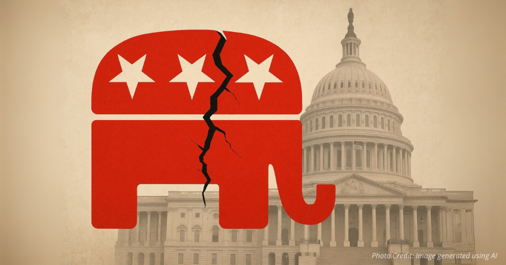 Cracked GOP elephant in front of Capitol dome
