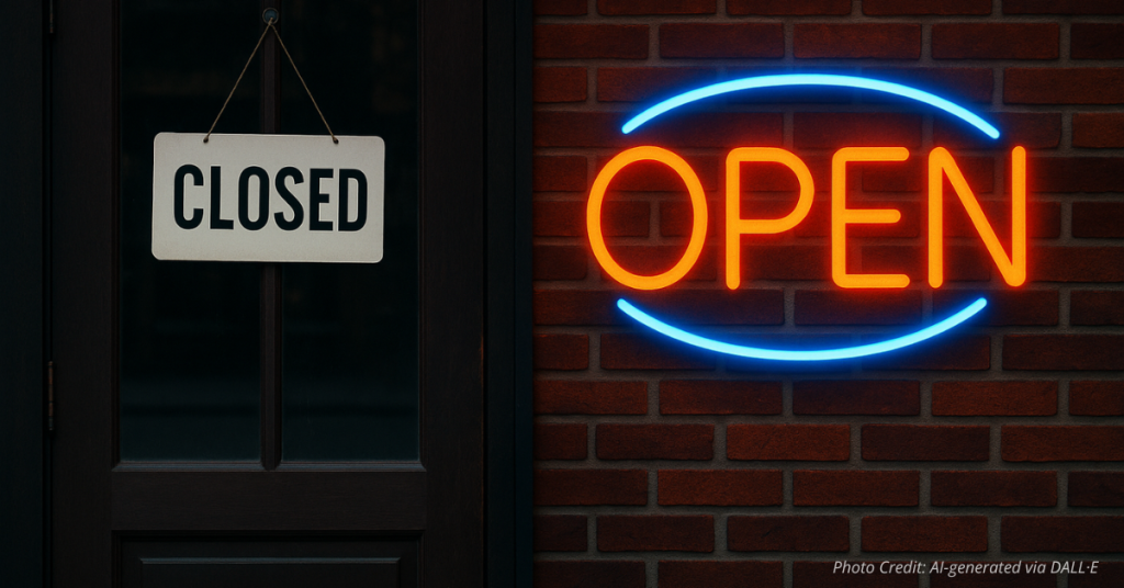 Split image of restaurant closed sign and neon open sign