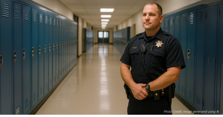 Officer stands guard in school hallway symbolizing safety and protection