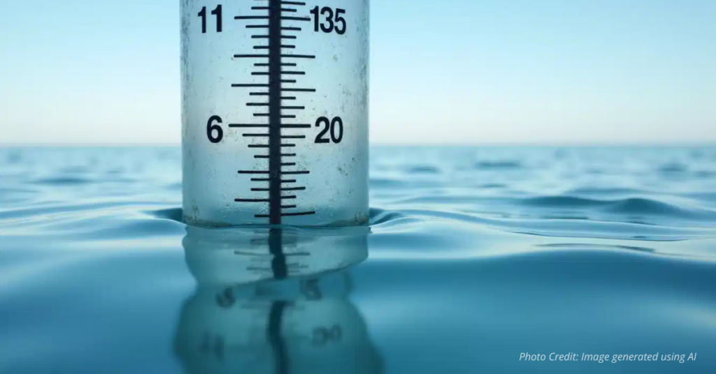 Tide gauge in calm ocean with steady water level marks