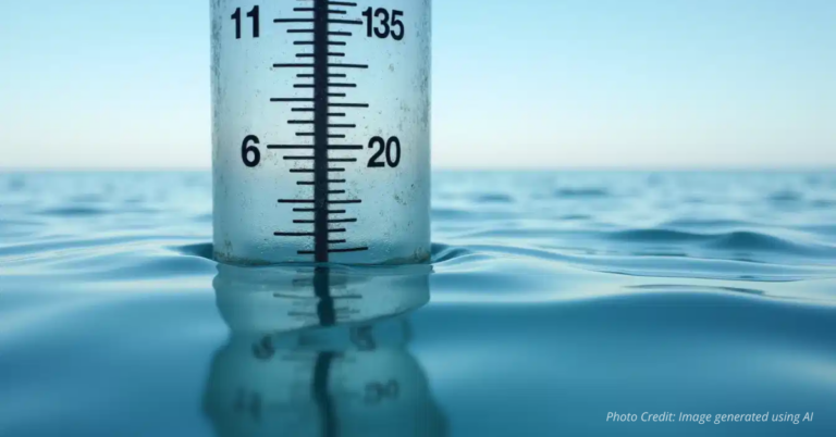 Tide gauge in calm ocean with steady water level marks