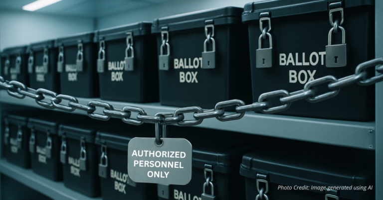 Row of locked ballot boxes in secure facility with sealed chain across access point