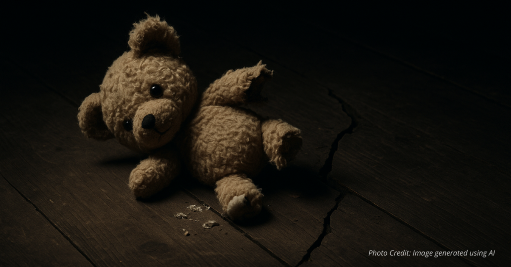 Broken teddy bear symbolizes childhood lost to exploitation