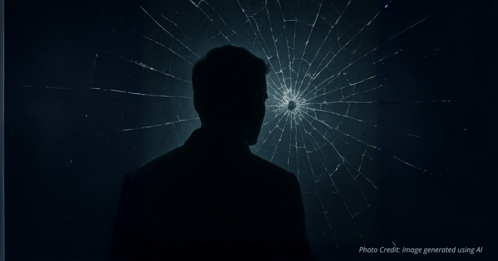 Silhouette behind shattered glass representing broken trust and violence