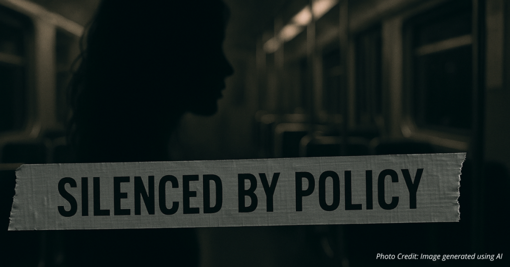 Silhouette of woman fading in train car with tape reading “Silenced by Policy”