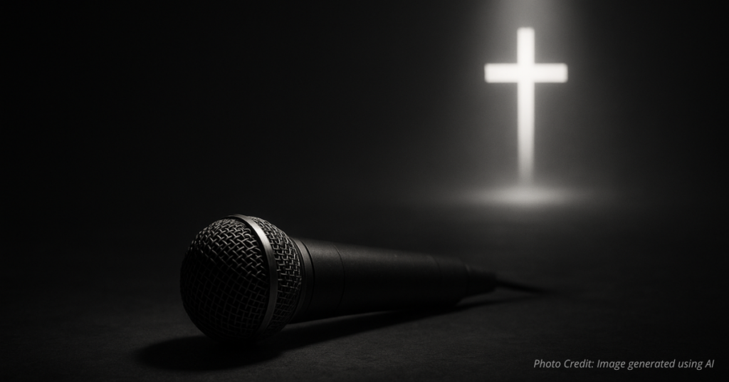 Fallen microphone with cross glowing in distance