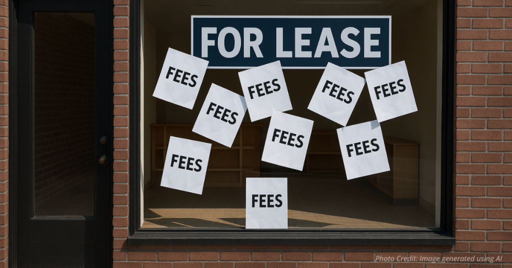 Storefront with hidden fee papers symbolizing business struggles