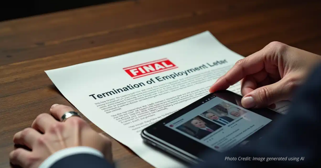 Hand sliding a termination letter across office desk