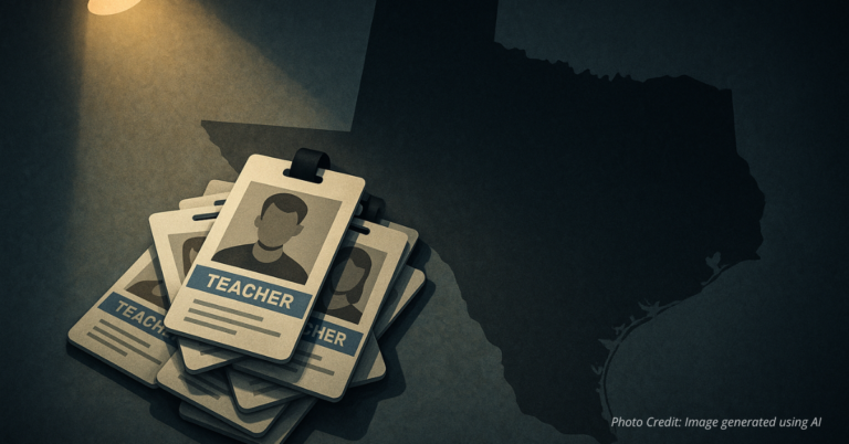 Teacher IDs spotlighted with Texas shadow symbolizing exposure