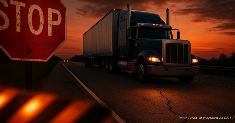 Semi-truck on Texas highway with warning signs symbolizing rising crash risks