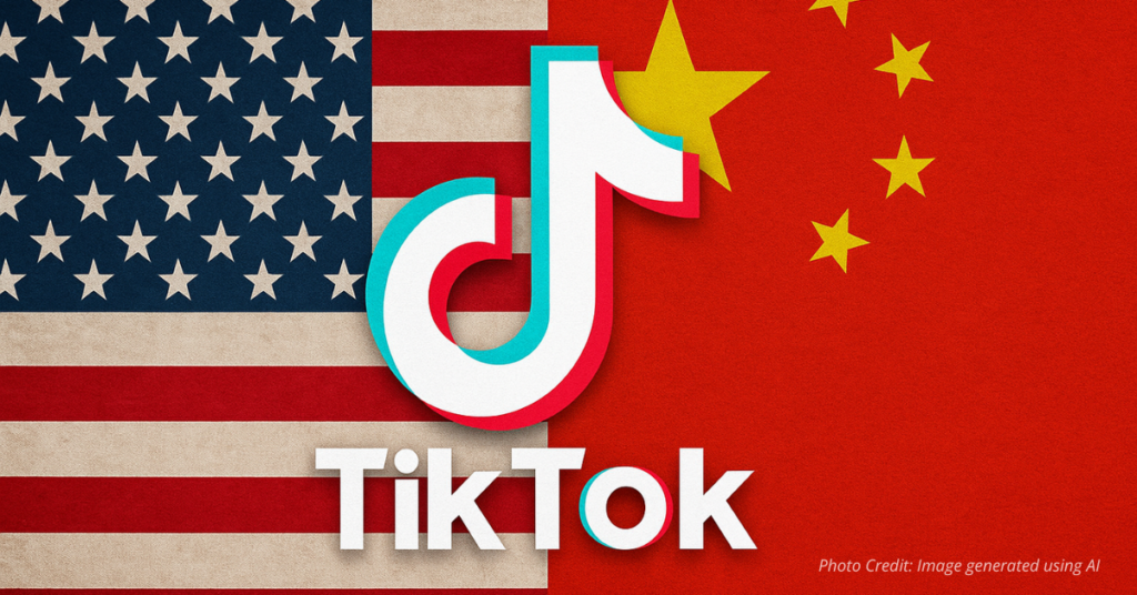 TikTok logo between U.S. and Chinese flags showing tech tensions
